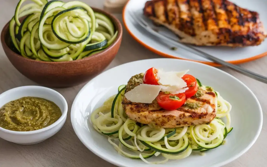 A step-by-step display of preparing a keto Mediterranean dish, like zucchini noodles with pesto.
