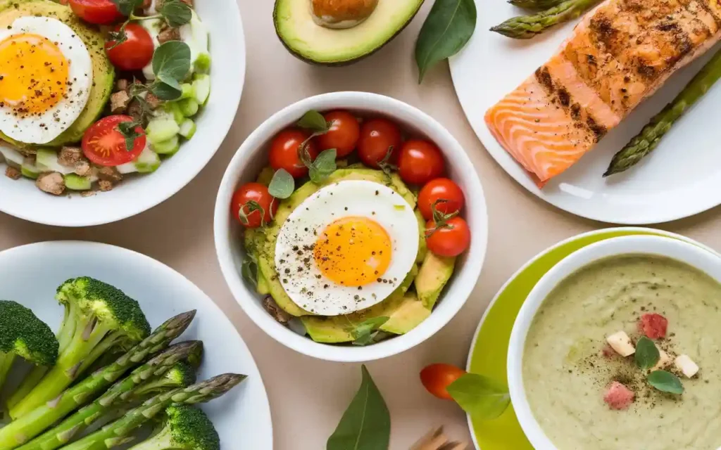 Ketogenic-friendly recipes including avocado bowls and salmon