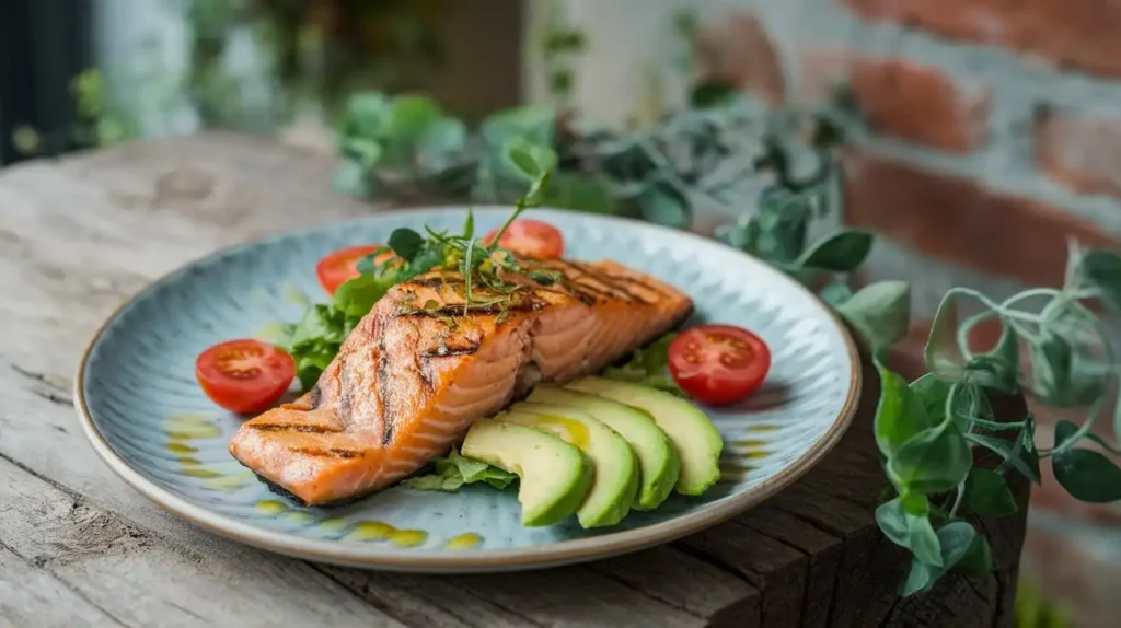 Plated ketogenic Mediterranean diet recipes featuring salmon and avocado