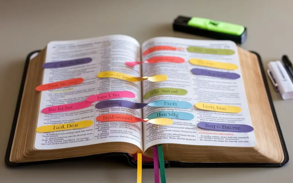 A Bible with bookmarks highlighting verses related to fasting.