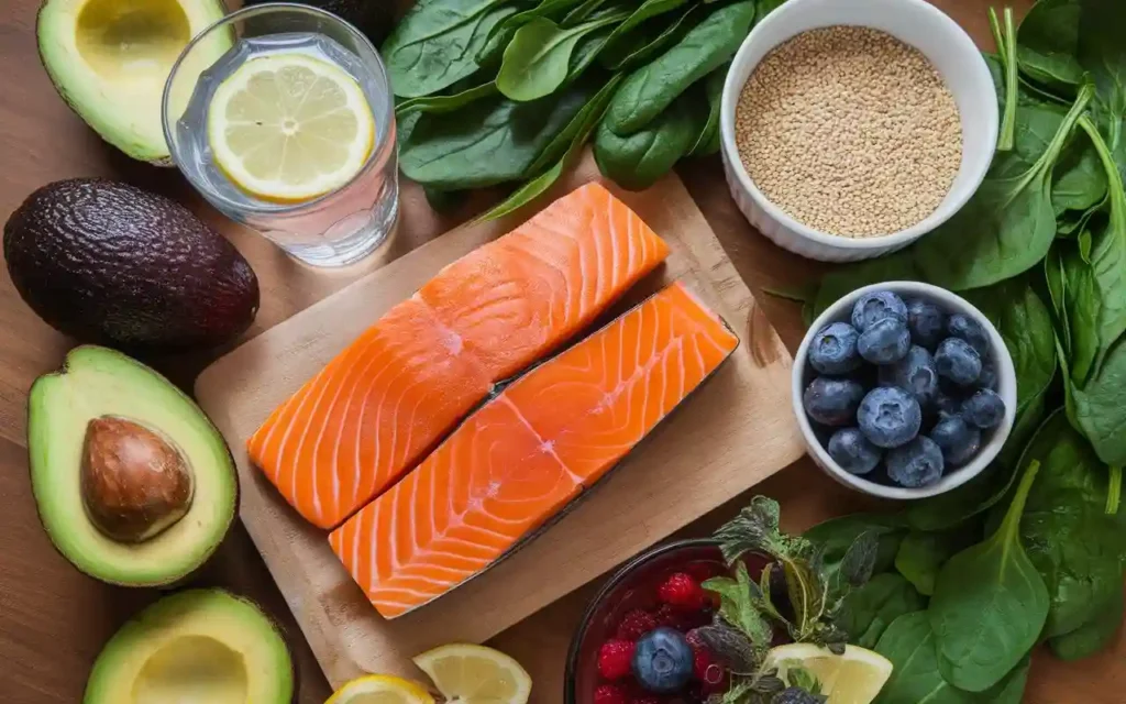  A top-down view of a table with various kidney-friendly foods like lean meats, fresh vegetables, berries, and healthy fats.