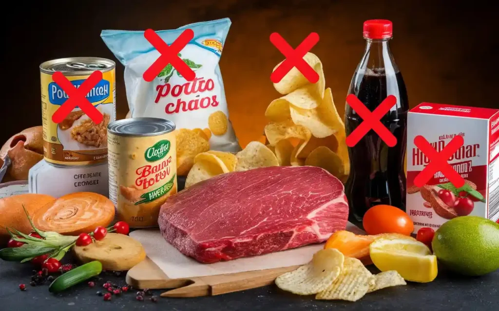 A collection of high-sodium, high-potassium, and processed foods with a red warning sign indicating they are not suitable for a kidney transplant diet.
