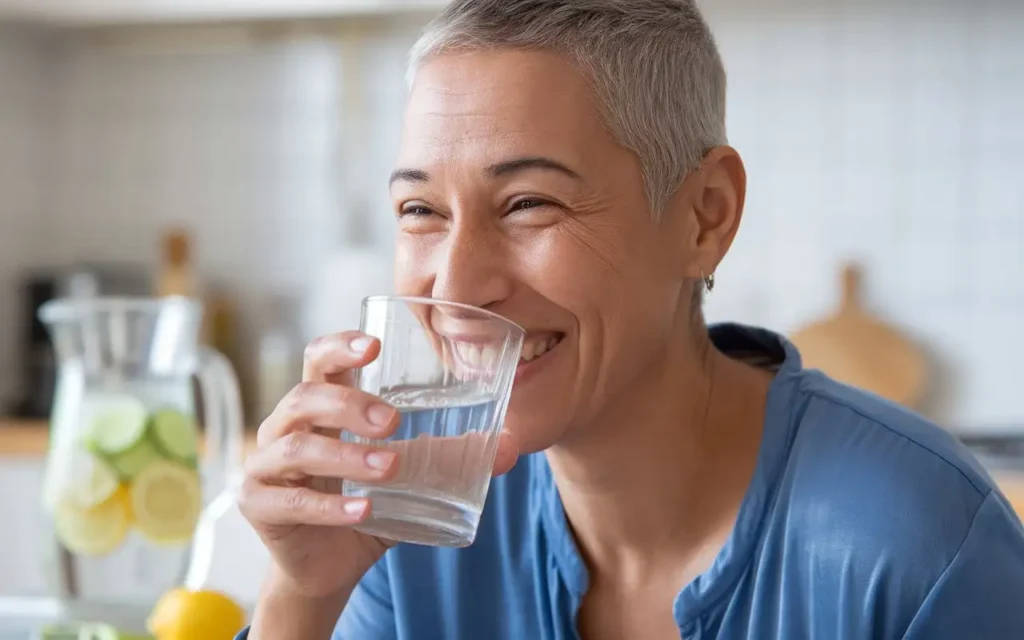 A kidney transplant patient drinking a glass of water, emphasizing proper hydration.