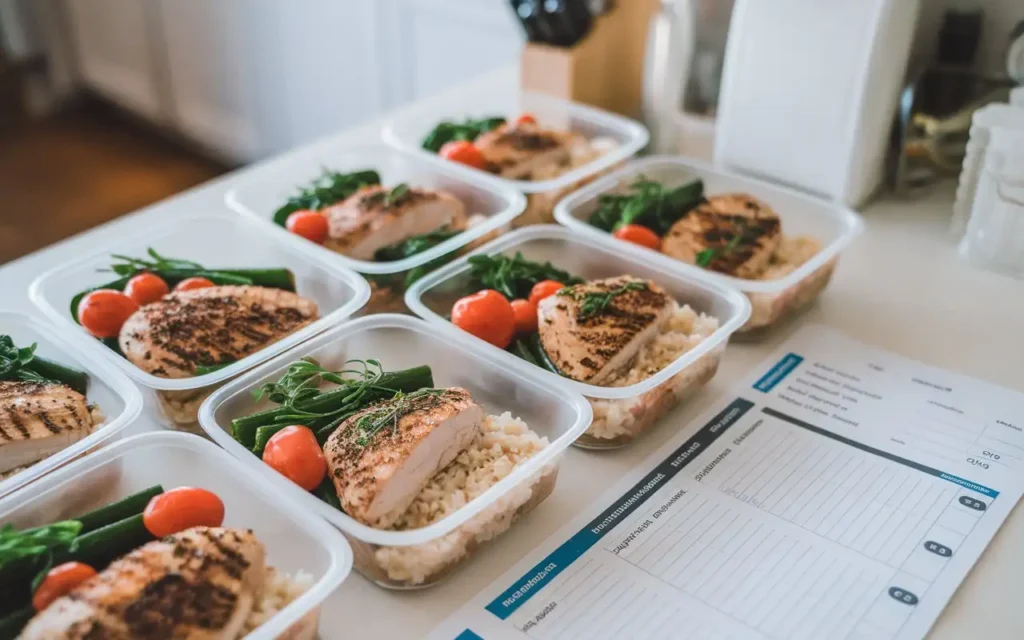 A well-organized meal prep station with portioned kidney-friendly meals in labeled containers.
