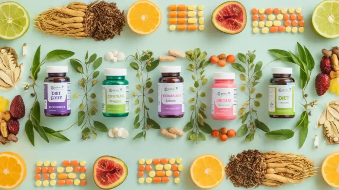 A variety of Korean diet pills displayed with natural ingredients.