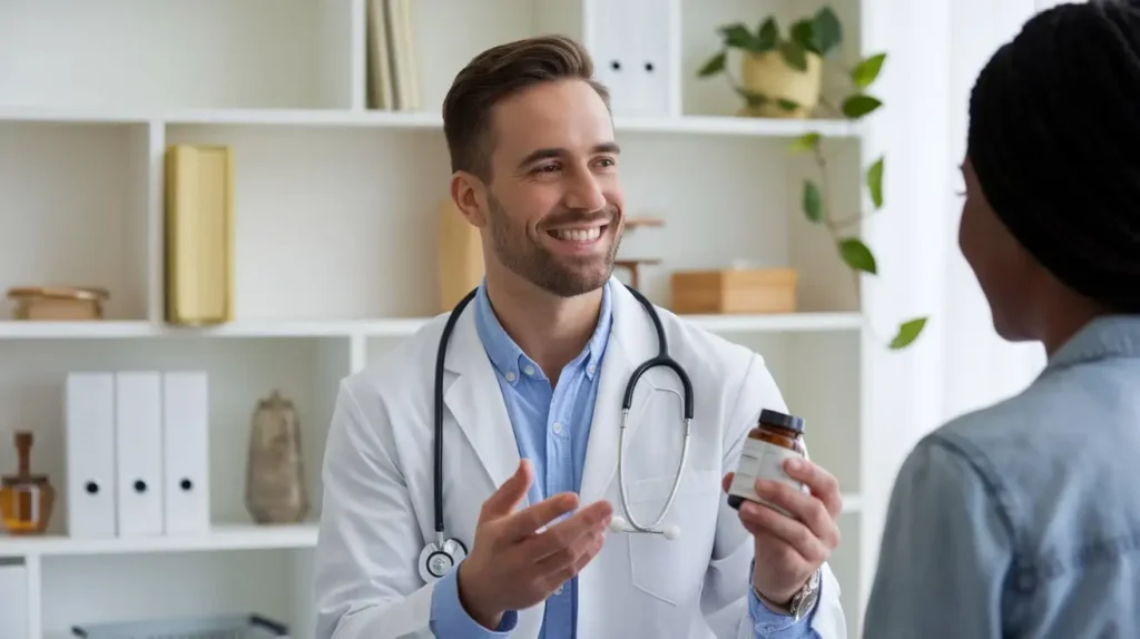 A doctor explaining the safety of Korean diet pills to a patient.