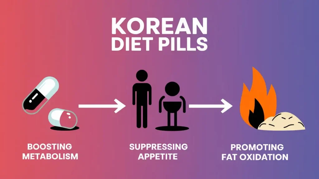 Infographic illustrating how Korean diet pills boost metabolism and burn fat.
