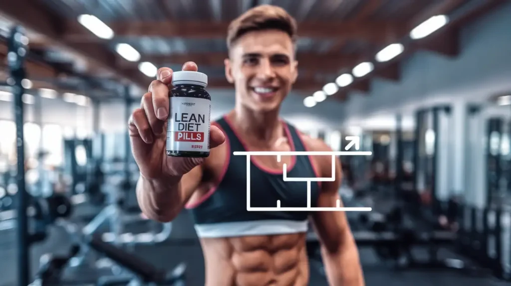 Person smiling while holding a bottle of lean diet pills with a progress chart in the background