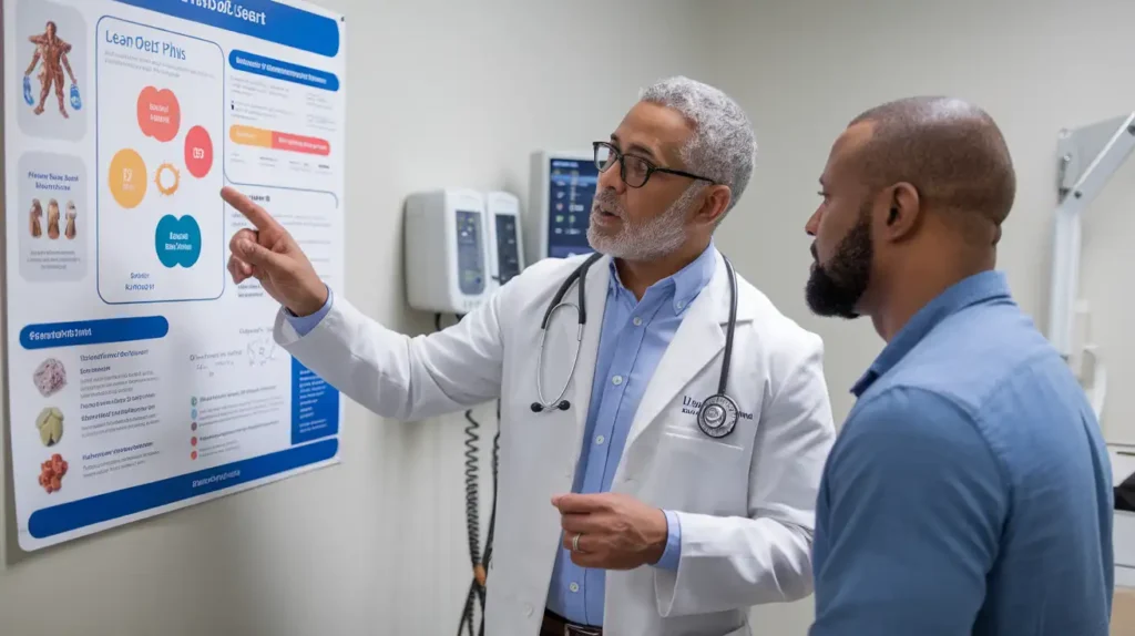 Doctor discussing lean diet pills with a patient in a clinic setting