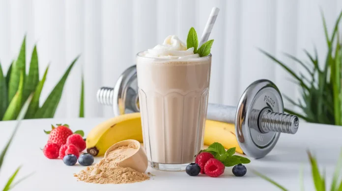 A glass of protein shake surrounded by fresh fruits and a dumbbell, representing the liquid protein diet