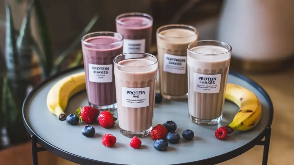 A table with homemade liquid protein shakes, each labeled with its ingredients and calories