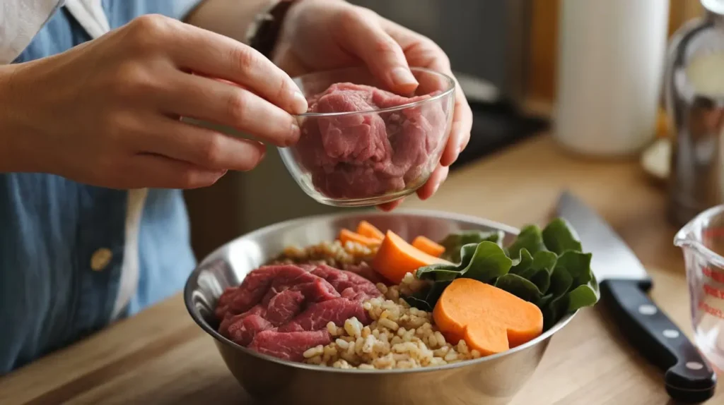 Home-cooked meal preparation for a dog's liver diet.