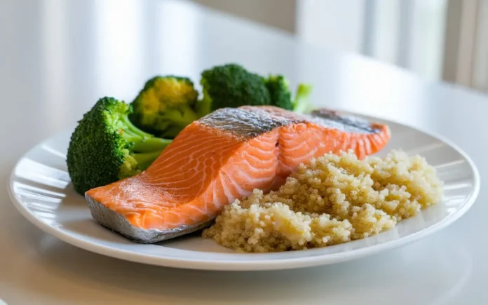 A balanced plate of nutritious food for a long-term diet after colon resection.