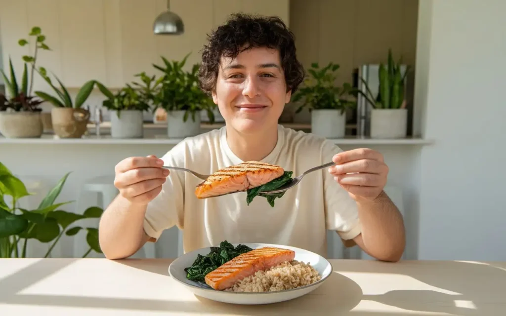 A happy individual holding a plate of low fermentation foods like spinach and salmon