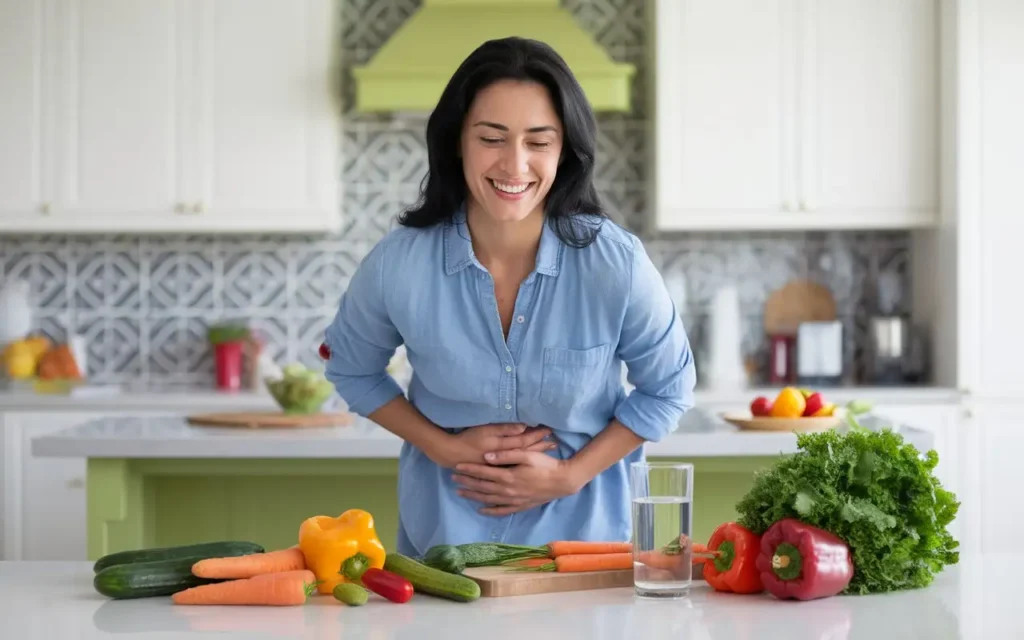 A smiling woman holding her stomach, symbolizing improved digestion through a low fermentation diet.
