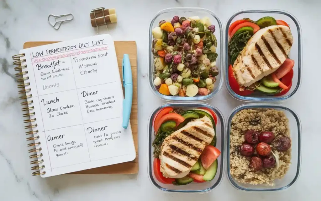 A weekly meal planner featuring dishes from the low fermentation diet list