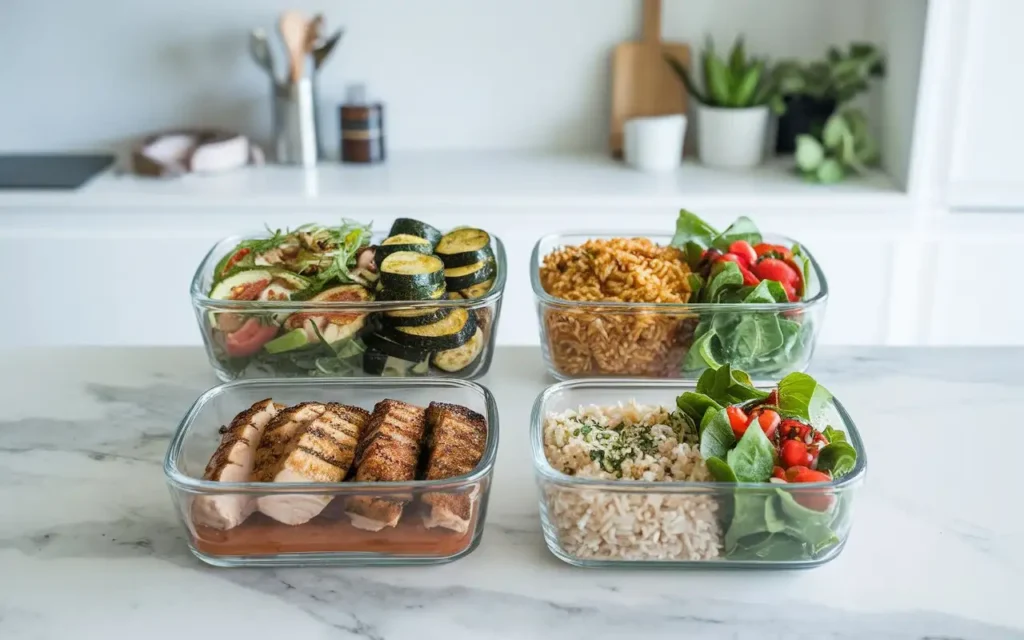 Prepped containers of low fermentation meals ready for the week.
