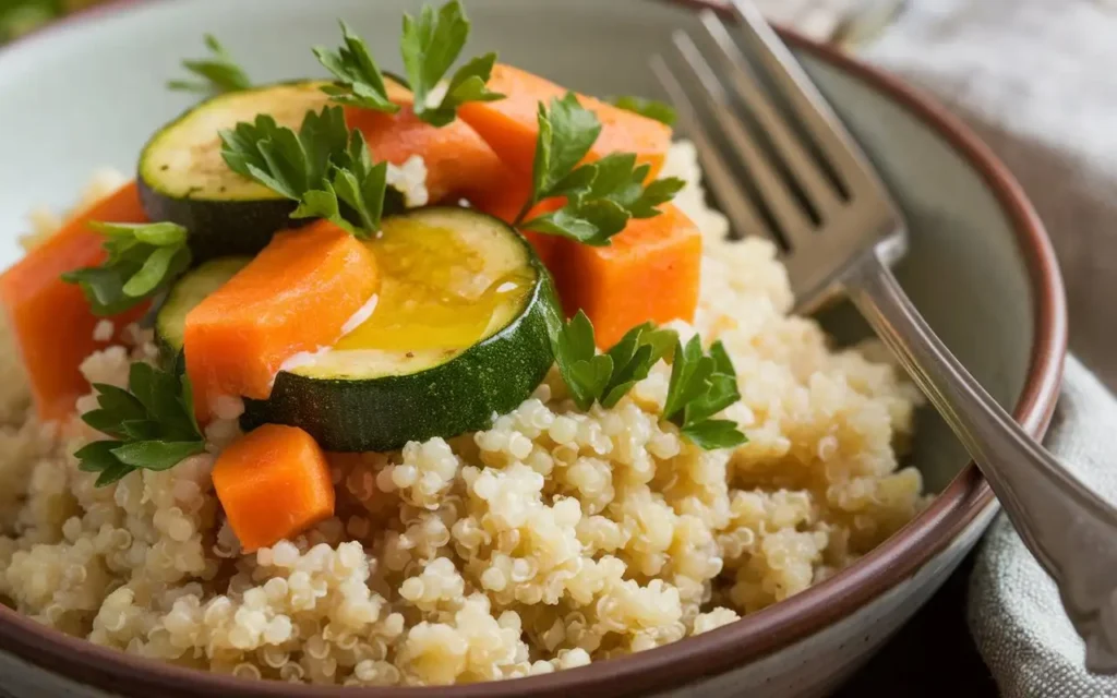 A beautifully plated low fermentation recipe featuring quinoa and roasted vegetables