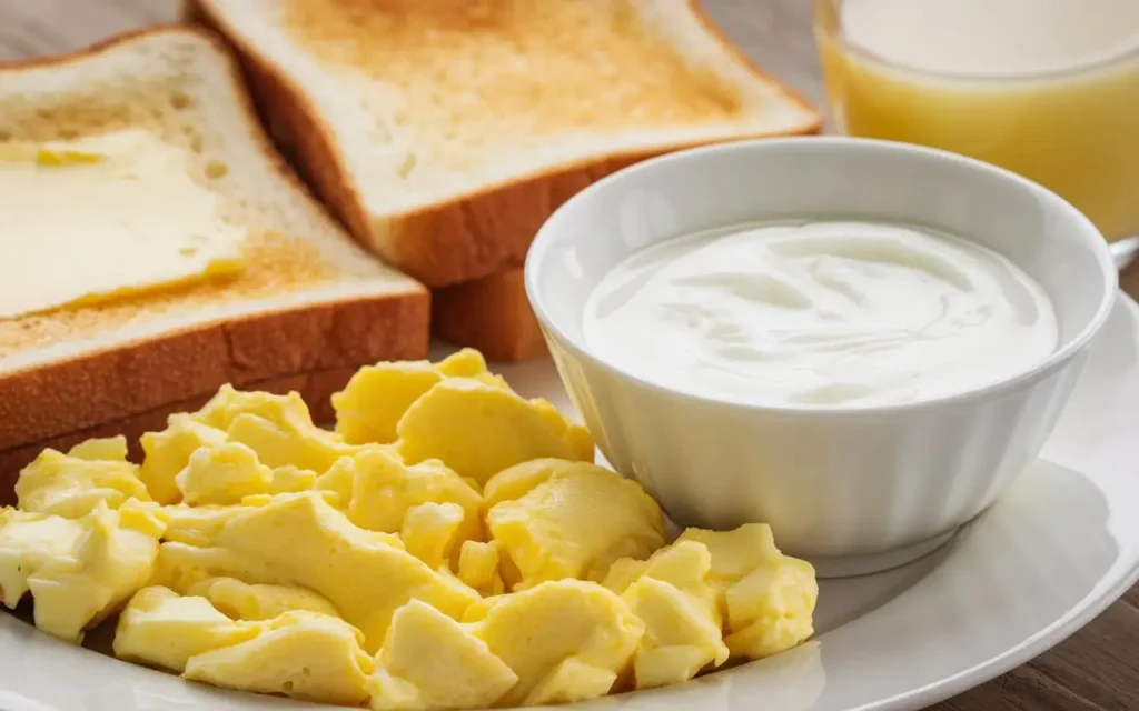 A breakfast plate featuring scrambled eggs, white toast, and plain yogurt for a low-fiber diet.