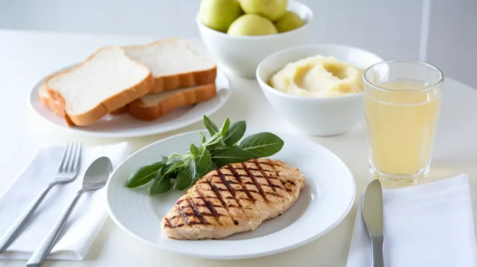 A healthy meal plan featuring a low fiber colonoscopy diet with white bread, chicken breast, and clear broth