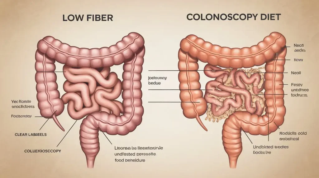 Diagram showing a clean and clear colon after following a low fiber colonoscopy diet