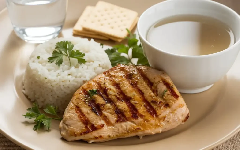 A low-fiber lunch featuring grilled chicken, white rice, and a bowl of clear soup.