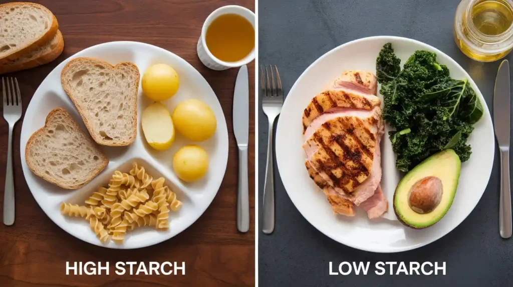 A comparison of high-starch foods like bread and pasta with low-starch alternatives like vegetables and lean proteins.