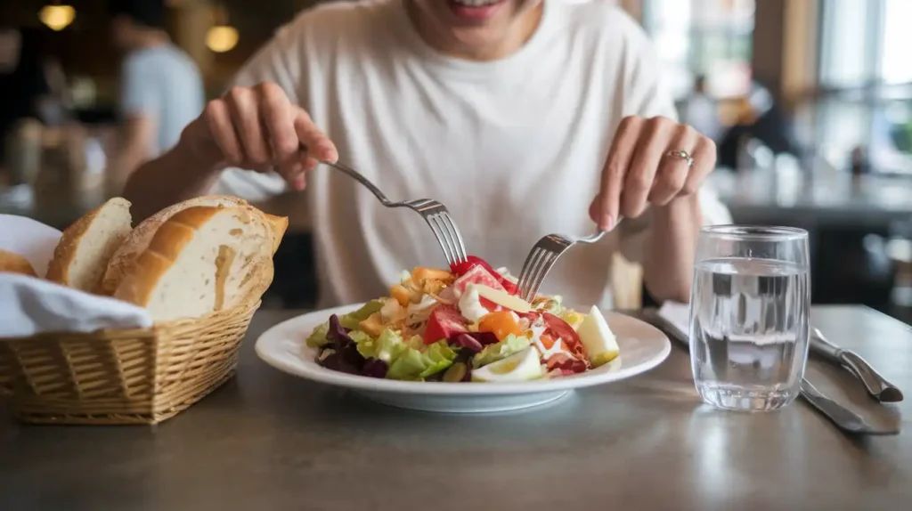  A woman rejecting a plate of bread while enjoying a bowl of salad.