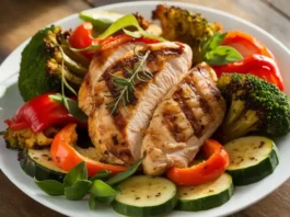 A colorful plate of low starch vegetables with grilled chicken