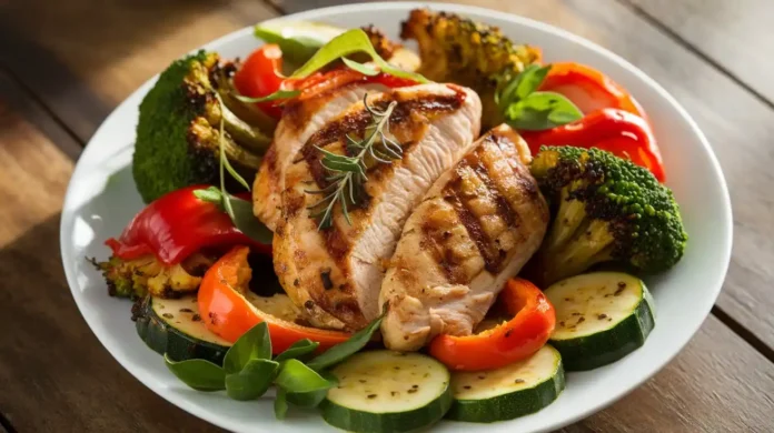 A colorful plate of low starch vegetables with grilled chicken