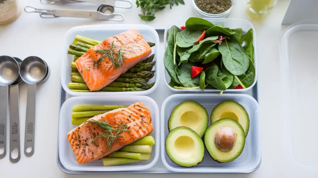 A meal prep setup with containers of low-starch meals, including salads, grilled meat, and roasted vegetables.