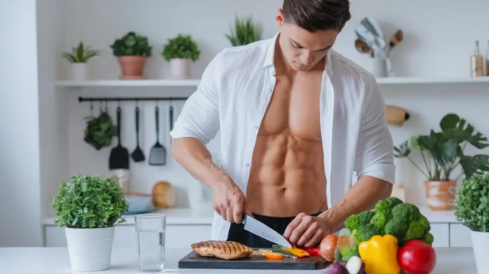 A lean and muscular male model preparing a healthy meal.