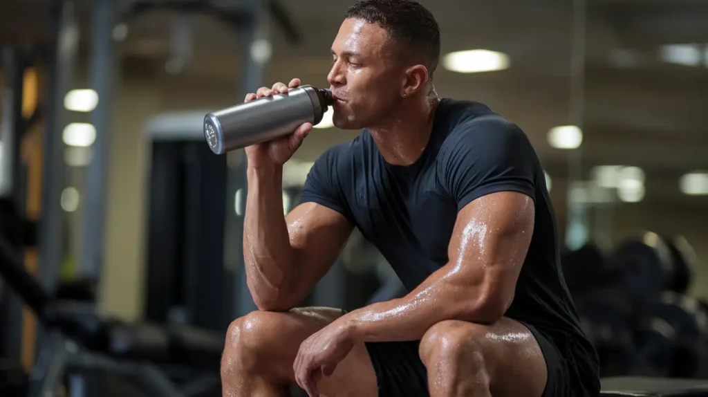 Male model drinking water after a workout male model diet