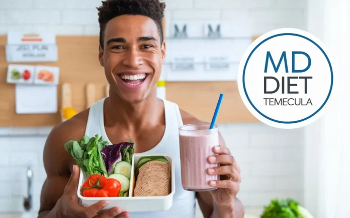 A happy person holding fresh, healthy meals, showcasing the benefits of MD Diet Temecula