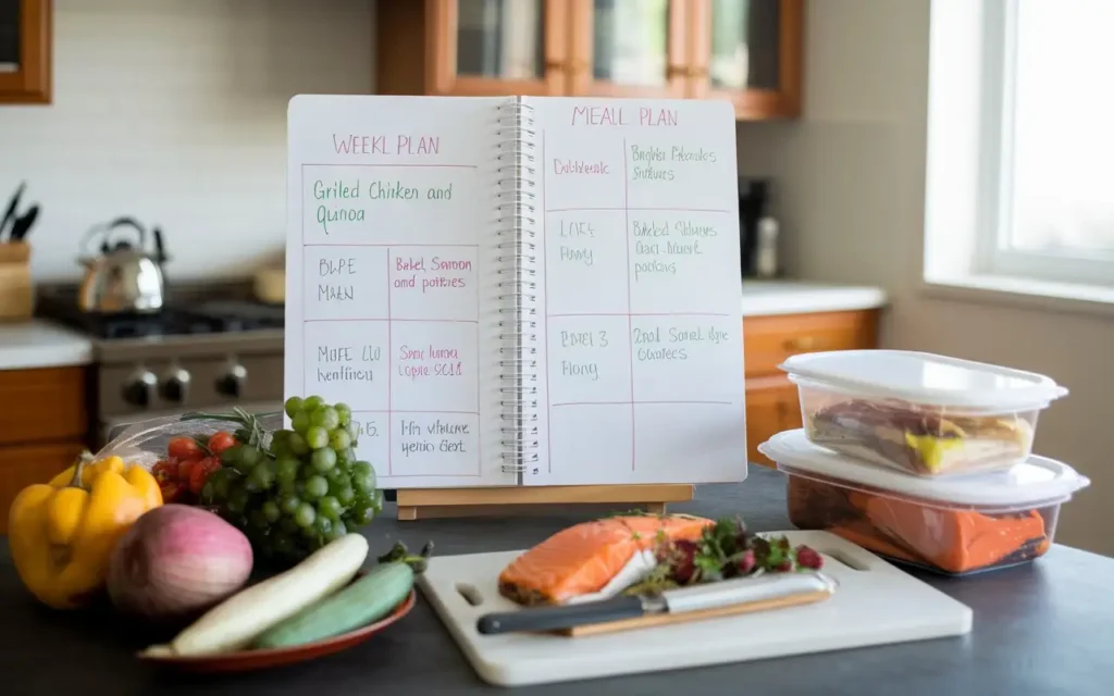 A meal-planning board with nutritious options for a long-term diet after colon resection.