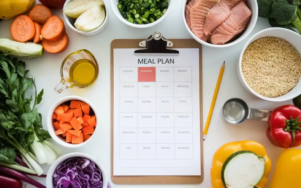 A weekly meal plan template with healthy, kidney-friendly foods for a diet after kidney transplant.