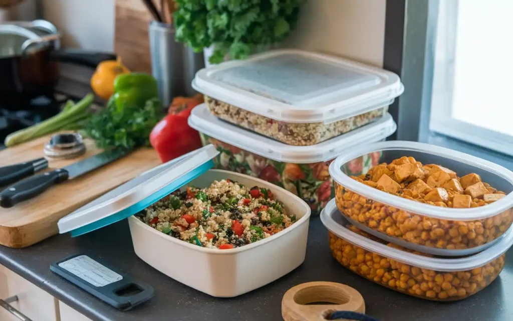 Meal prep containers with high protein vegetarian meals