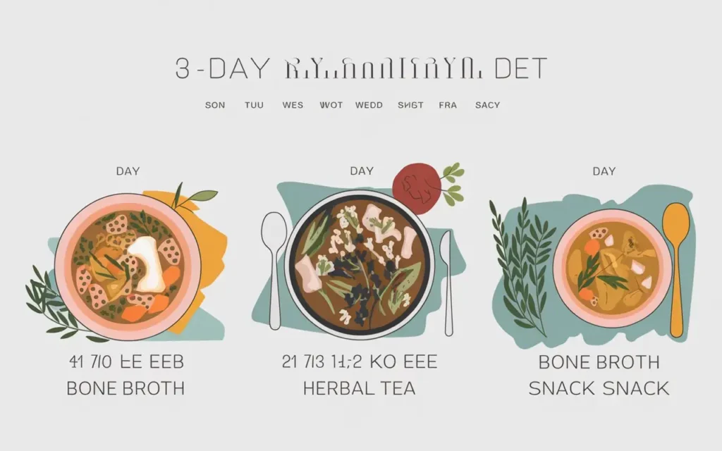 A meal schedule for the 3 day bone broth diet plan with visual aids