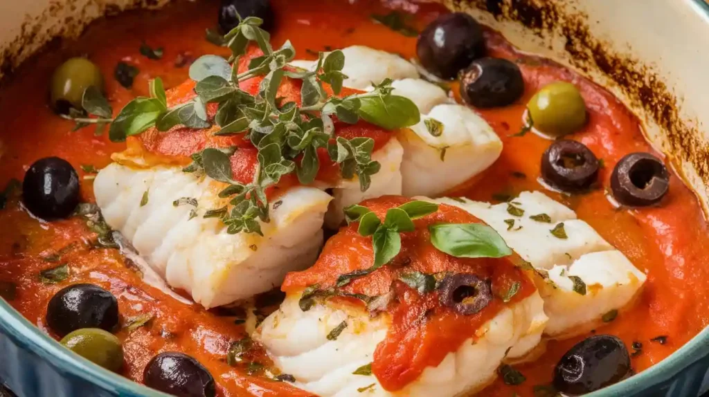 Mediterranean baked cod with tomatoes and olives.