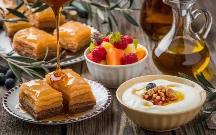 An assortment of Mediterranean diet desserts including baklava, fruit salad, and yogurt with honey and nuts