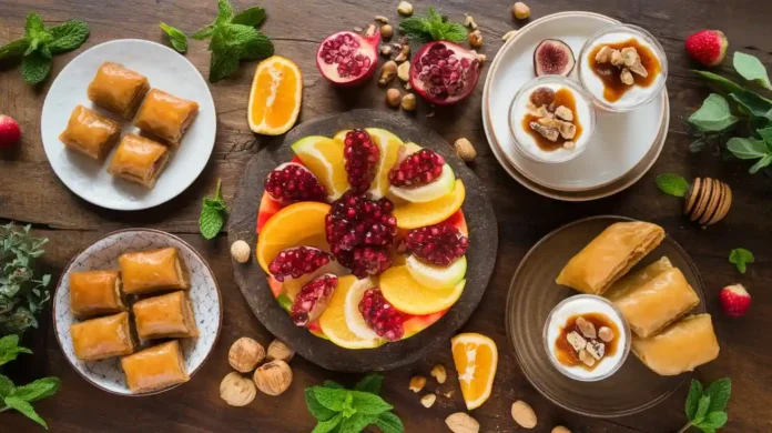 A variety of colorful Mediterranean diet desserts, including fresh fruits, yogurt, and baklava, arranged beautifully on a wooden table.