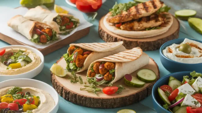 A delicious assortment of Mediterranean diet fast food, including grilled chicken wraps, hummus bowls, and Greek salads, displayed on a rustic wooden table.