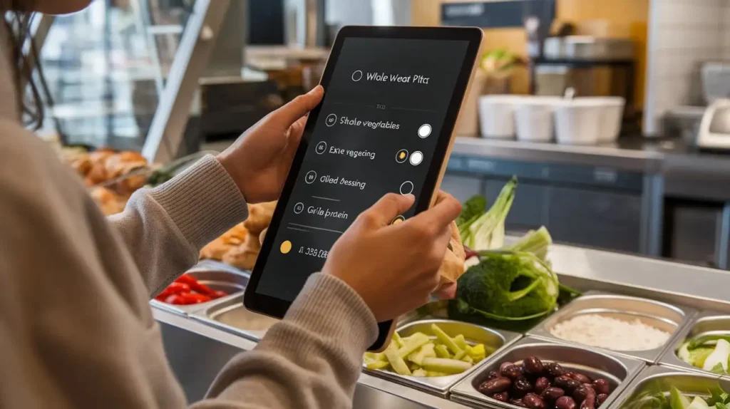 A customer choosing healthy Mediterranean diet fast-food ingredients from a digital ordering screen.