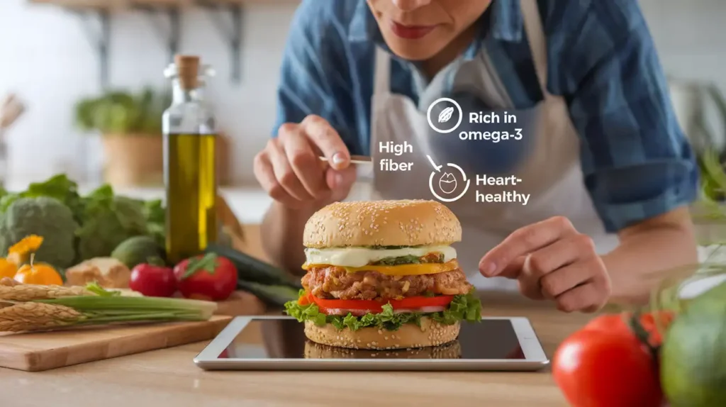 A nutritionist analyzing the health benefits of Mediterranean diet fast food, with a digital chart displaying nutritional values.