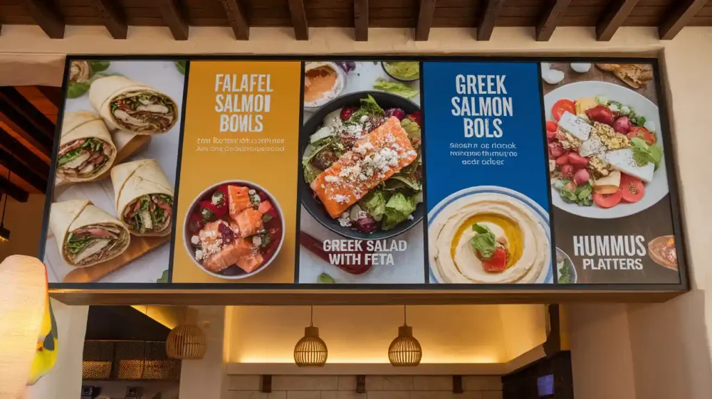 A menu board showcasing Mediterranean fast-food options such as falafel wraps, grilled fish sandwiches, and hummus bowls.