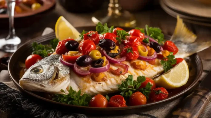 A beautifully plated Mediterranean fish dish garnished with fresh herbs and lemon slices.