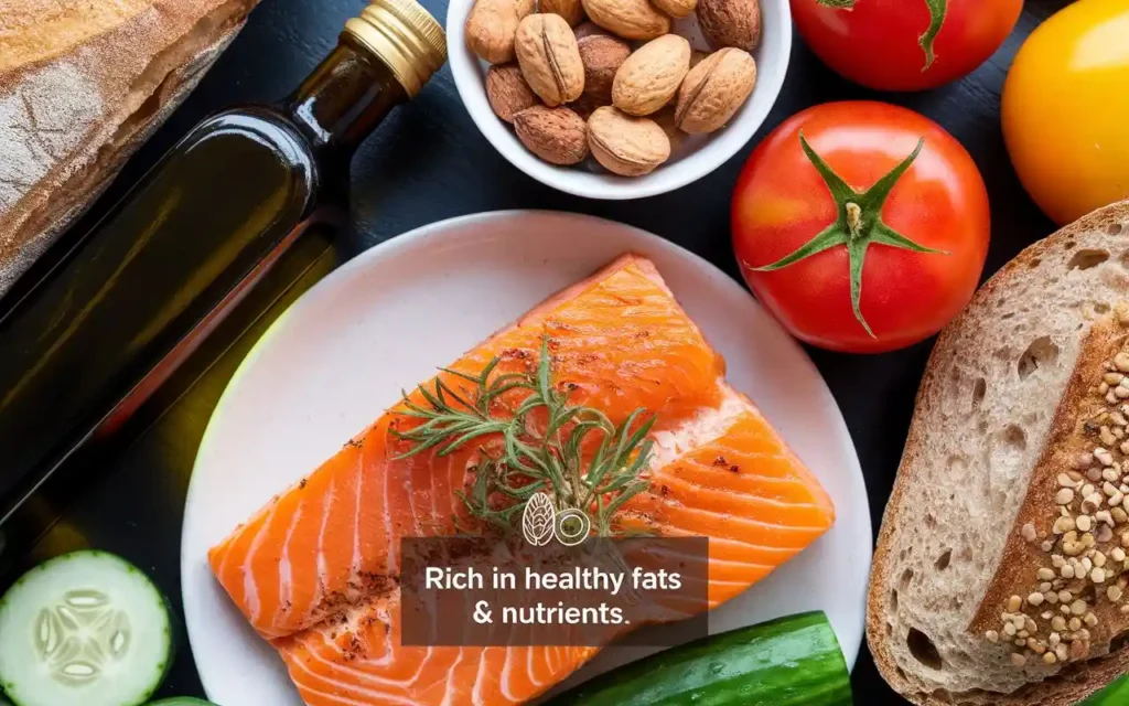 Mediterranean diet staples like olive oil, nuts, fish, and vegetables