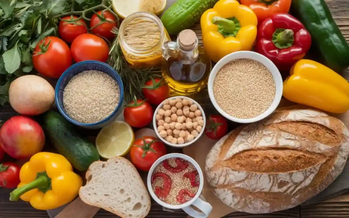 A vibrant display of budget-friendly Mediterranean ingredients, such as fresh vegetables, olive oil, and grains, arranged on a rustic wooden table.