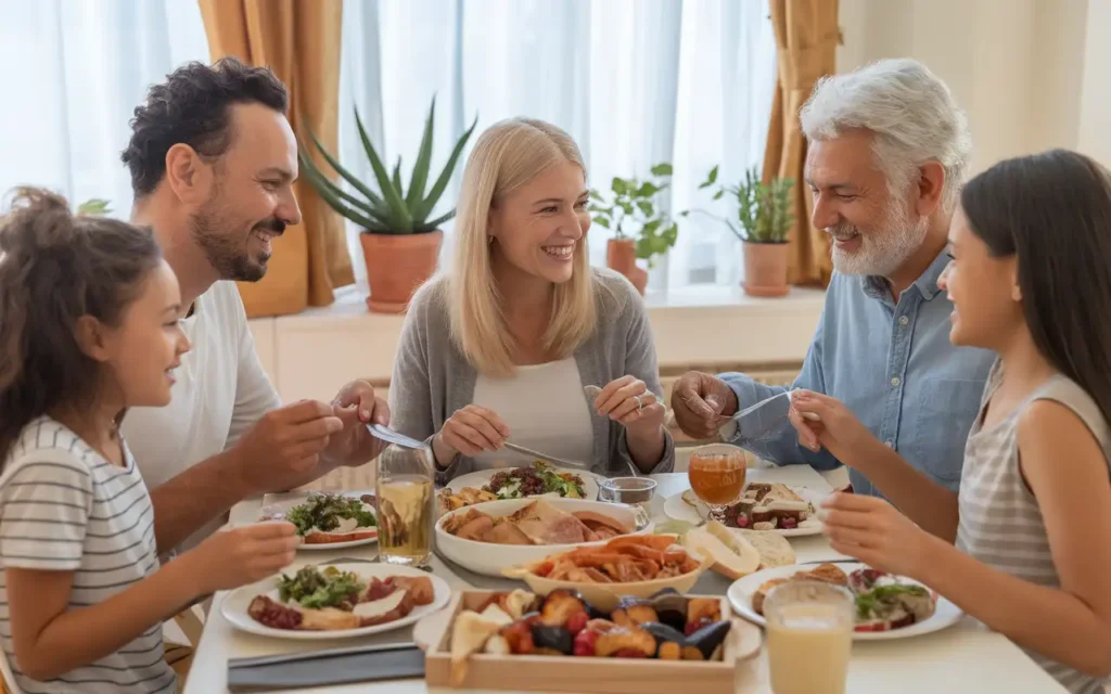 A family enjoying a Mediterranean-style meal together on a budget.