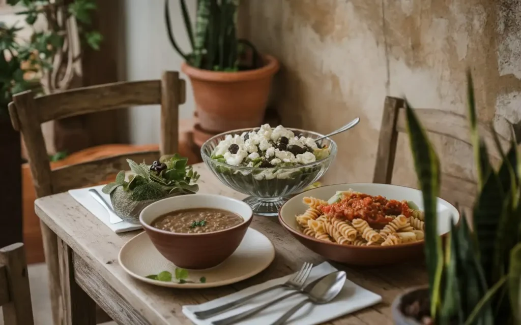 Affordable Mediterranean dishes like lentil soup, Greek salad, and whole wheat pasta.